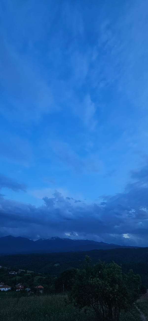 Dramatic twilight sky photographed over Bulgarian mountains near Gutsal