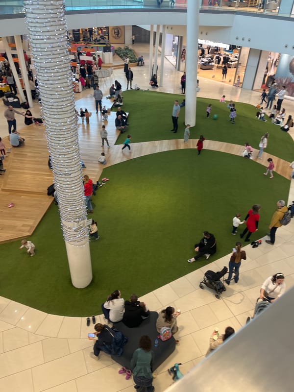 Shopping mall features artificial turf play area