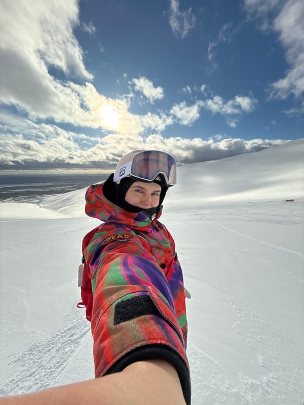 Skier takes multiple selfies on Kirovsk slopes during sunny day