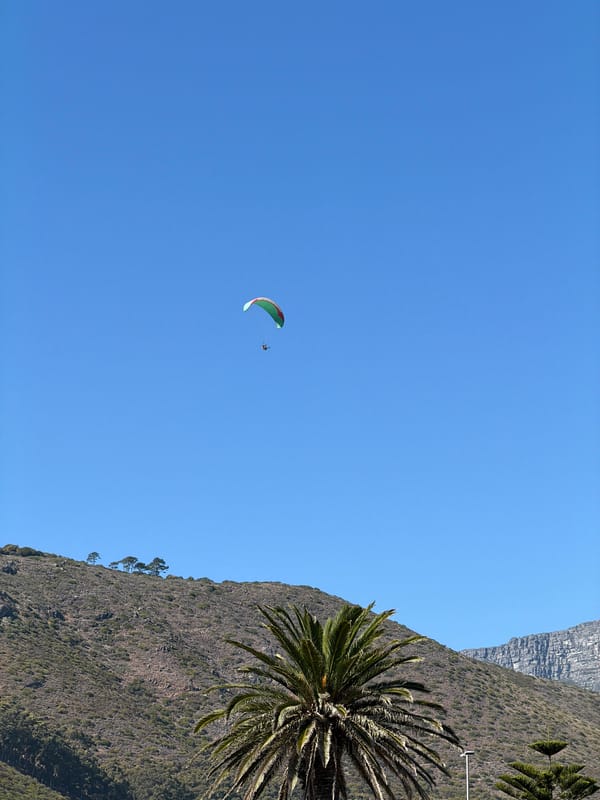 Paraglider soars over Cape Town buildings and mountains