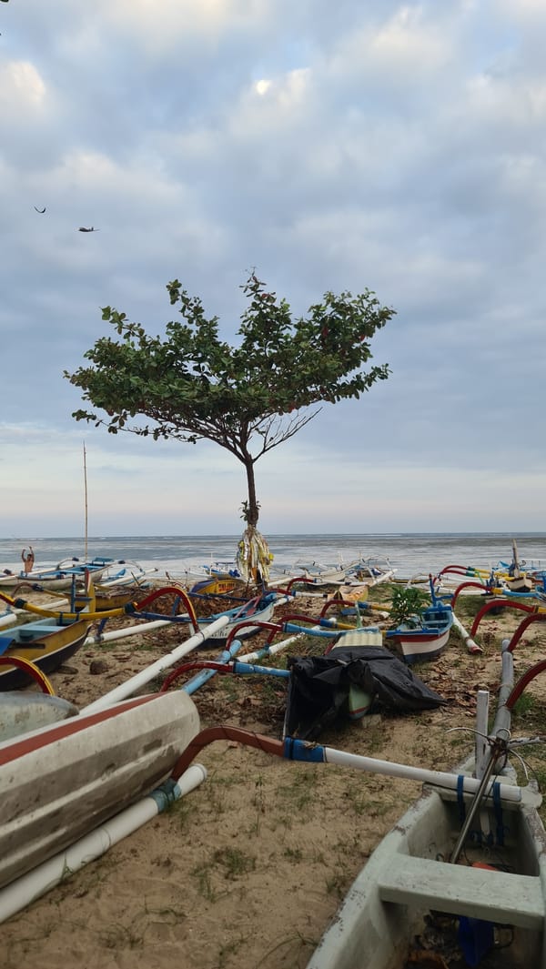 Bali beach scene blending fishing boats and surf gear