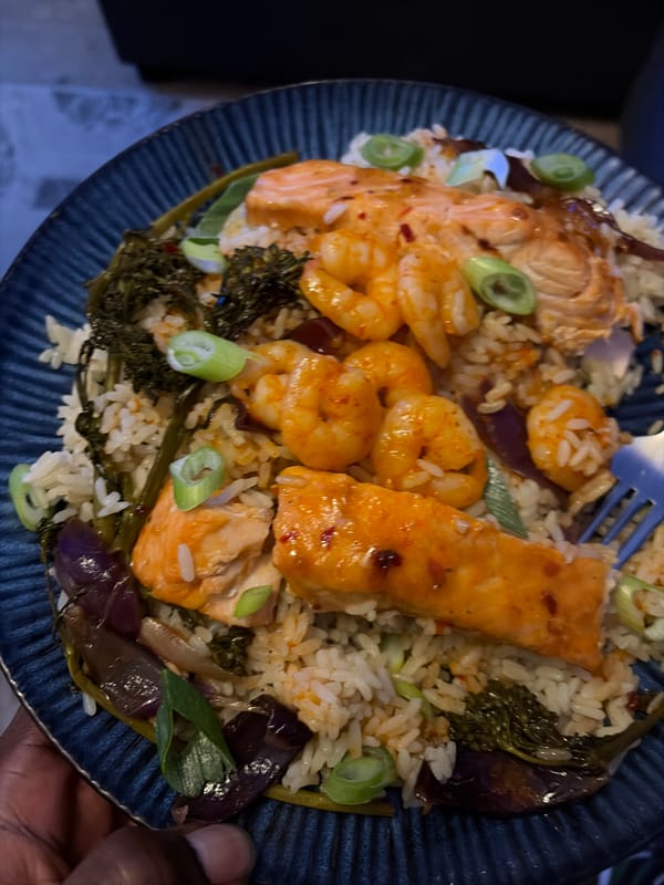 Seafood dinner with rice photographed in New Forest