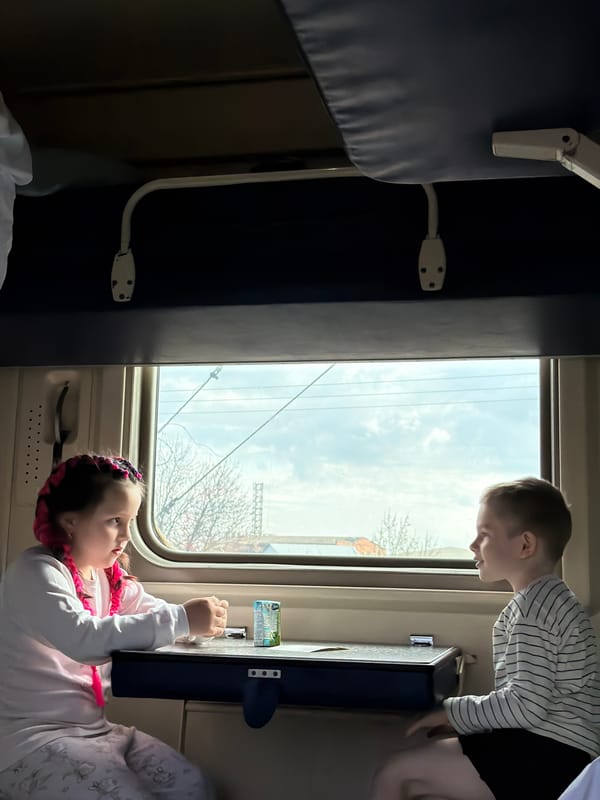 Children travel by train, woman rests in Medvyodovskaya