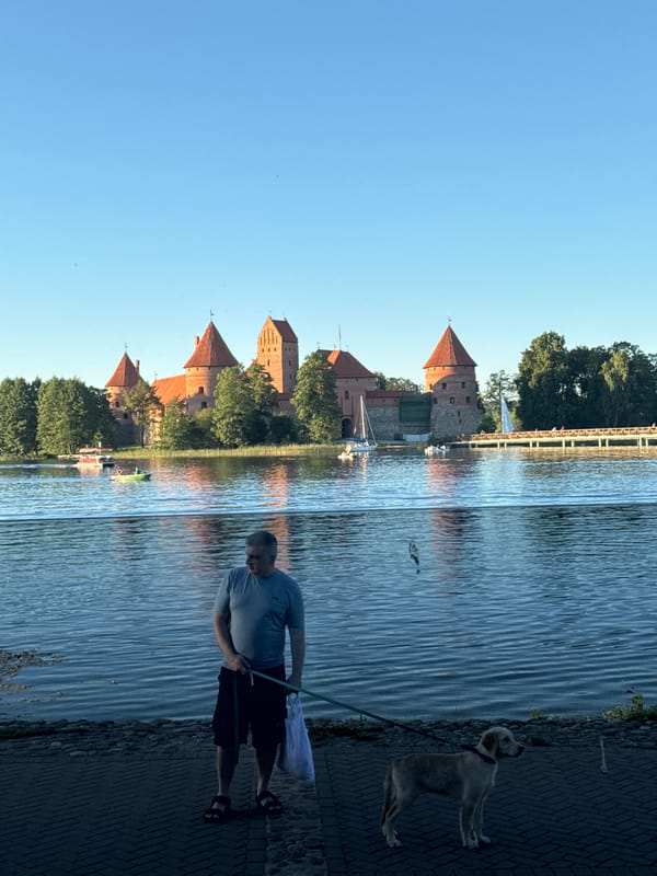 Red balloons over Trakai on a clear summer evening