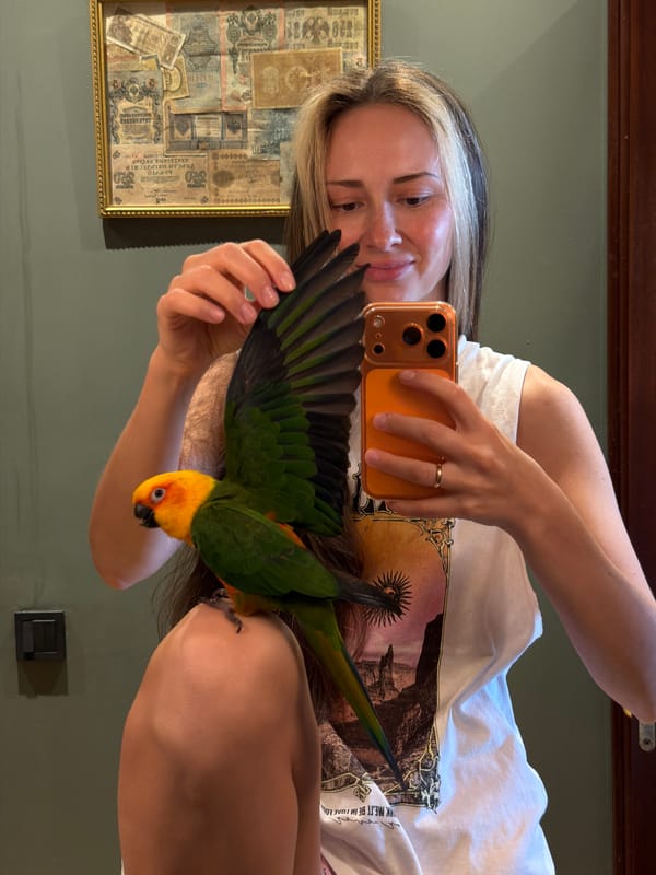 Selfie session with pet parrot in Khimki