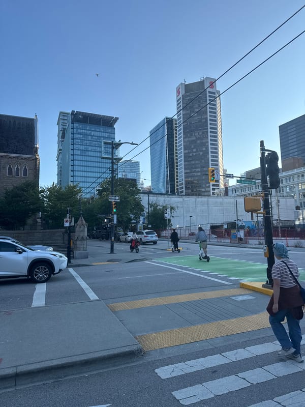 Downtown Vancouver streets and landmarks on a summer evening