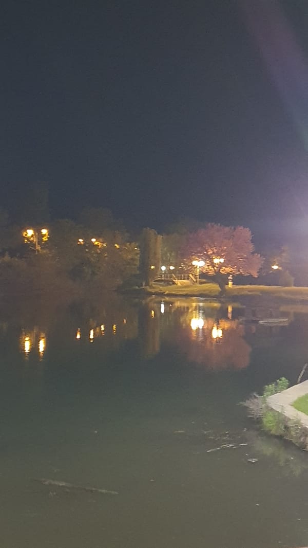 Nighttime waterfront scene captured with reflected lights across water