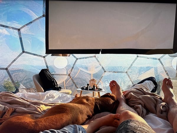 Couple and dog enjoy morning in mountain geodesic dome