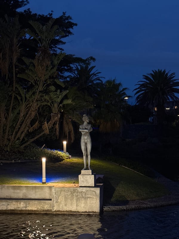Illuminated nude statue observed near water in Milnerton