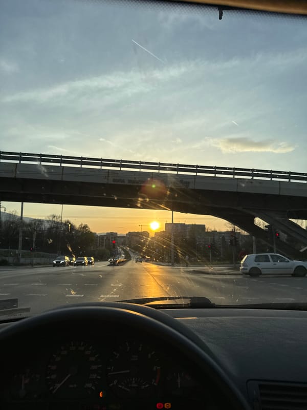 Evening traffic observed during sunset in Sofia, Bulgaria