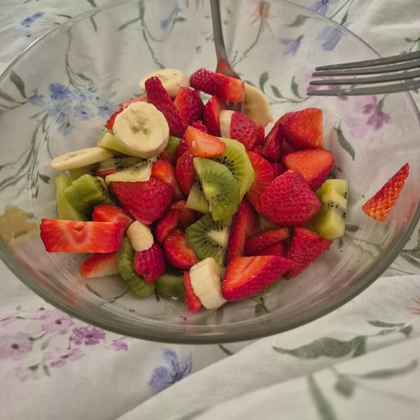 Colorful fruit salad photographed during morning meal in Strasbourg