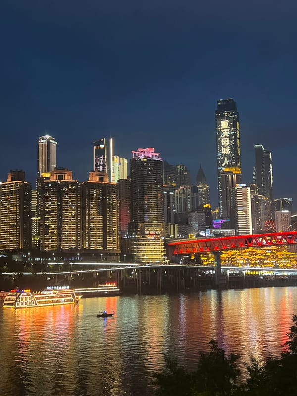 Chongqing's Jiangbeicheng waterfront skyline lit up at night