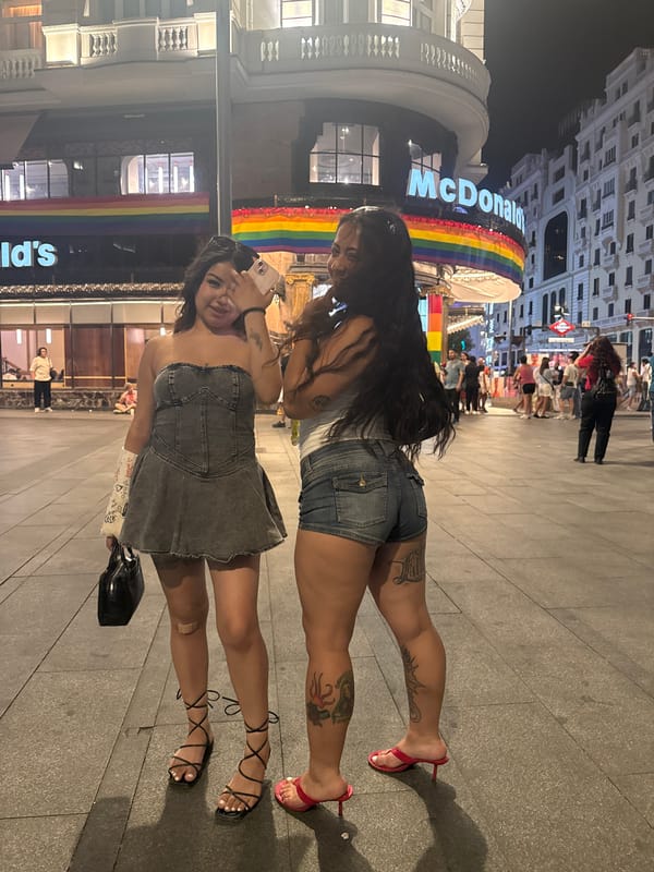 Madrid street scene at night during Pride celebrations