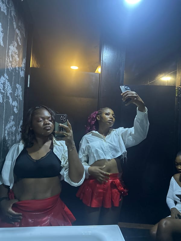 Mirror selfies in a floral-walled Abuja restroom