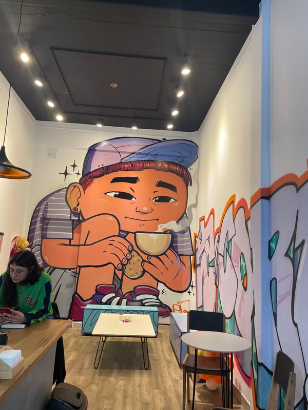 Buenos Aires cafe visit documented with latte art, mural