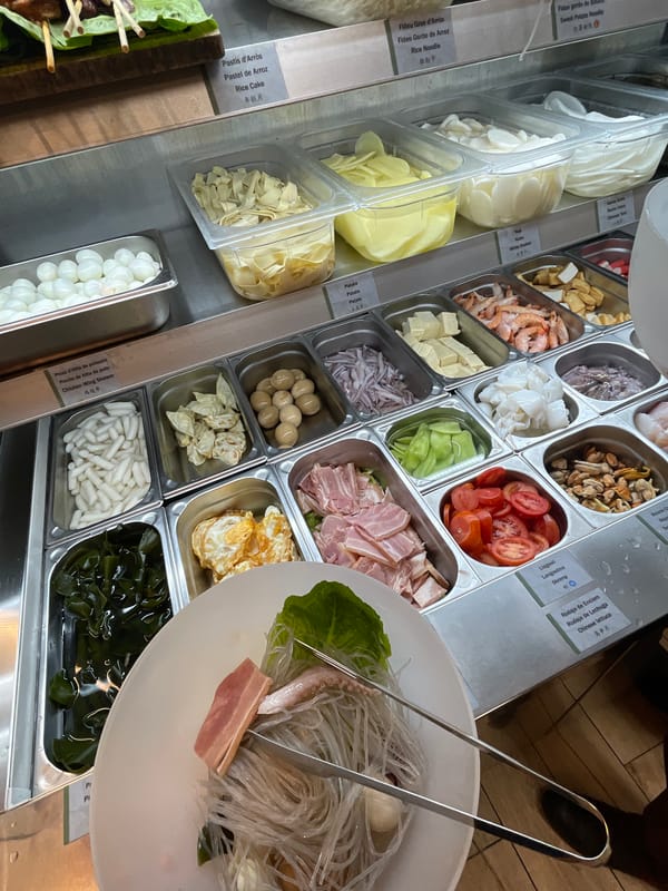 Self-service food station photographed in Barcelona