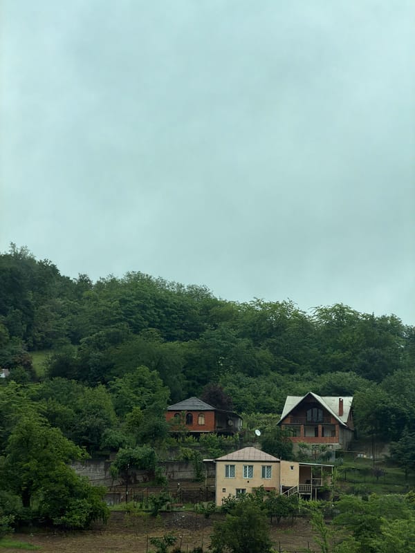 Morning road trip through foggy Georgian mountains documented