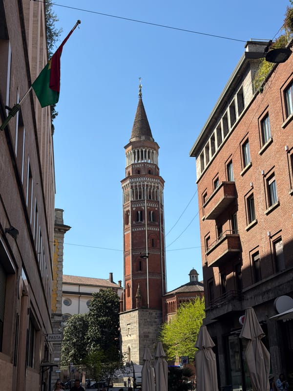 Street-level view captures Torre Velasca tower in Milan