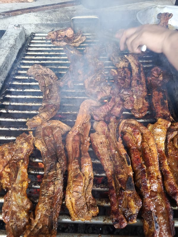 Barbecue ribs grilled in Quevedo, Ecuador evening cookout