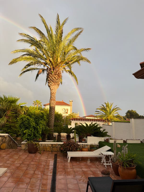 Double rainbow appears over Mont-roig del Camp, Spain