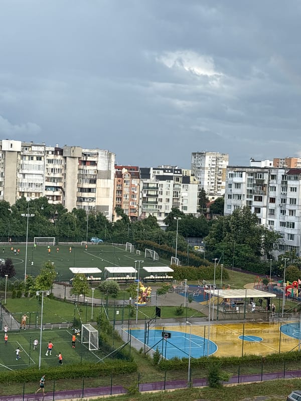Stormy afternoon around urban sports courts and a coffee shop