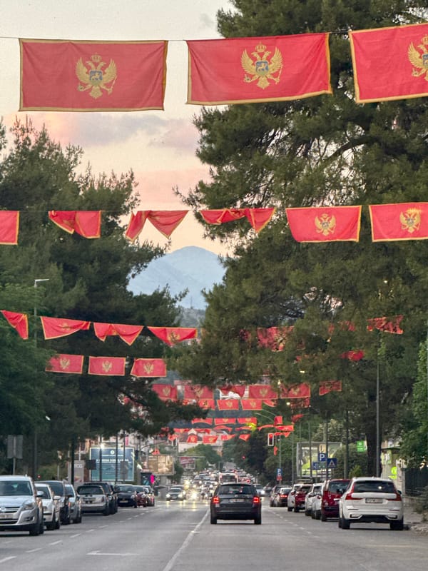 Montenegrin flags line Podgorica street amid normal traffic flow