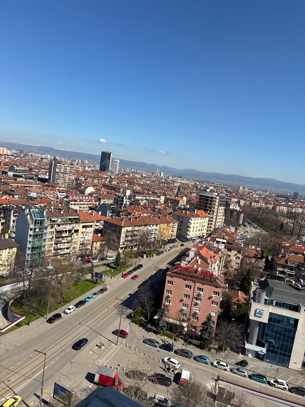 Clear aerial view captured of Sofia's red-roofed cityscape