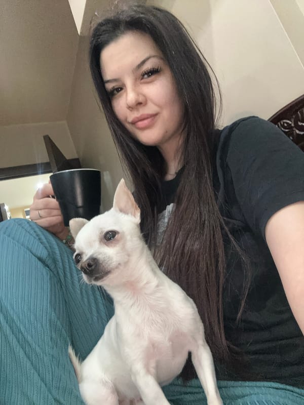 Woman takes morning selfies with white Chihuahua in Bulgaria