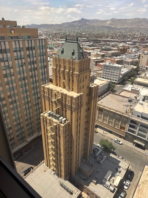 Downtown El Paso: skyline views, a cat mural, and pigeons