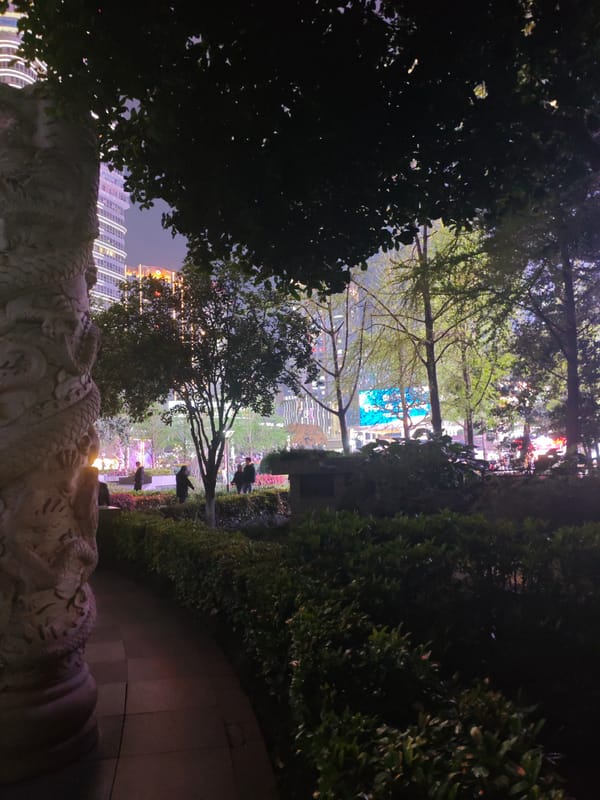 Evening street scenes documented in Chongqing's Liangjiang district