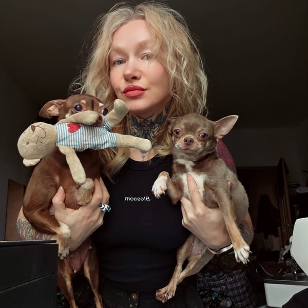 Woman with tattoos holds Chihuahuas in Saint Petersburg