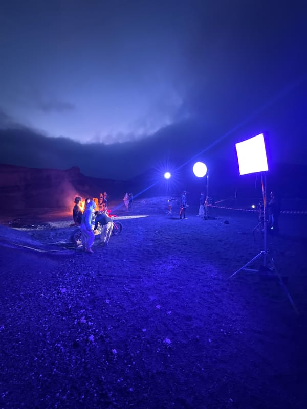 Nighttime film production underway in Teguise, Spain with motorcycle scene
