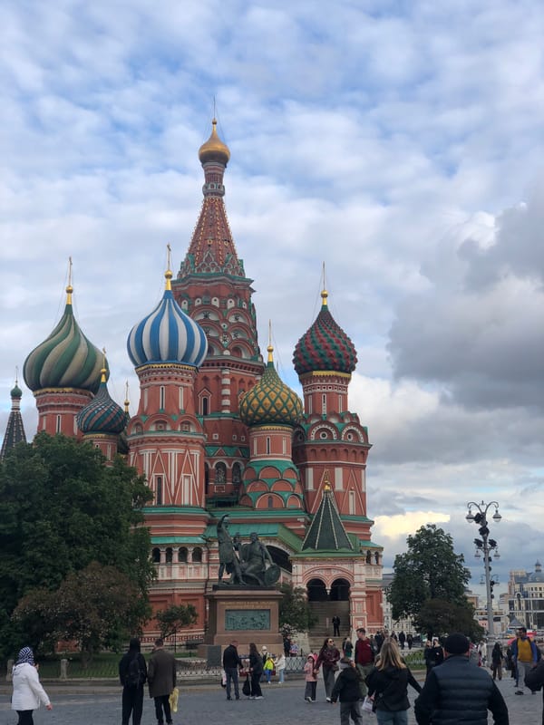 Tourists visit St. Basil's Cathedral in Moscow