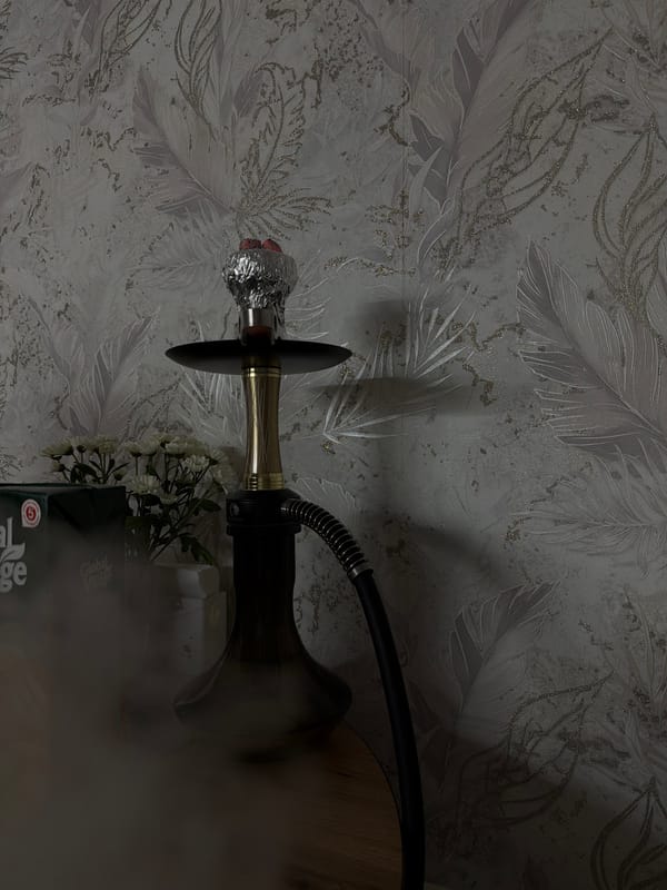 Woman enjoys quiet evening with food and hookah at home