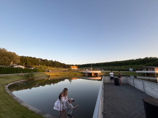 Calm waterside venue at golden hour