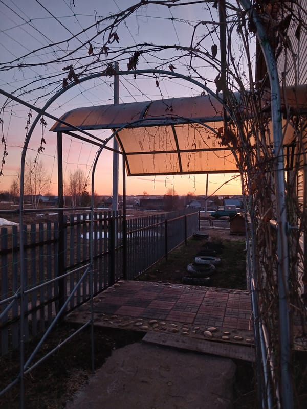 Sunset moments captured through archway in Bolshaya Sosnova, Russia