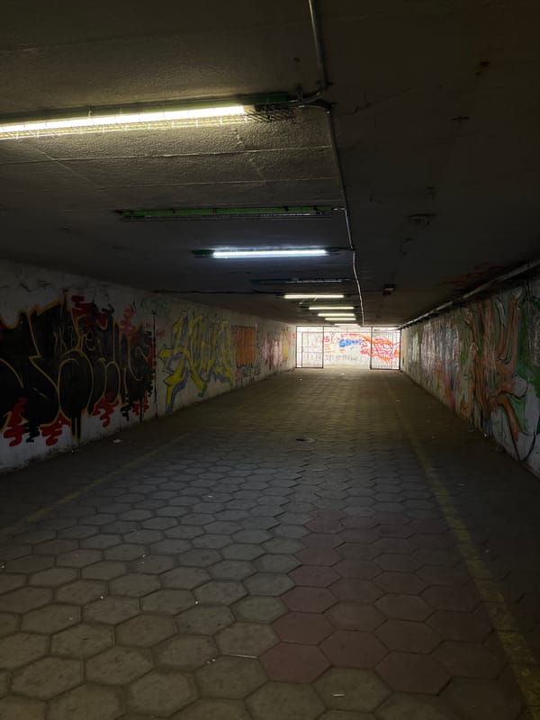 Graffiti-covered pedestrian underpass documented in Plovdiv, Bulgaria
