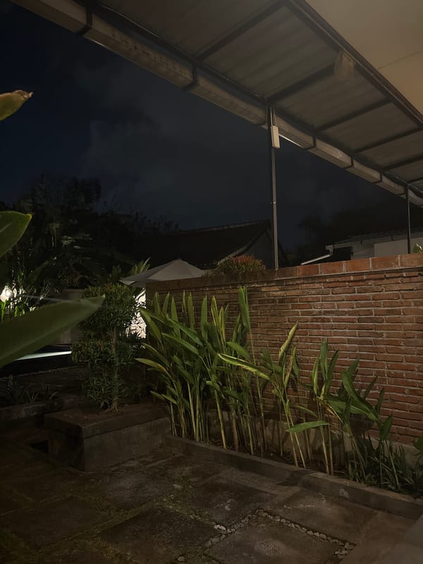 Nighttime villa scenes in Kuta Selatan — gardens, pool, and bedroom