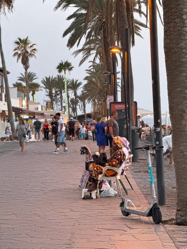 Palm-lined promenade in Arona with shops and foot traffic