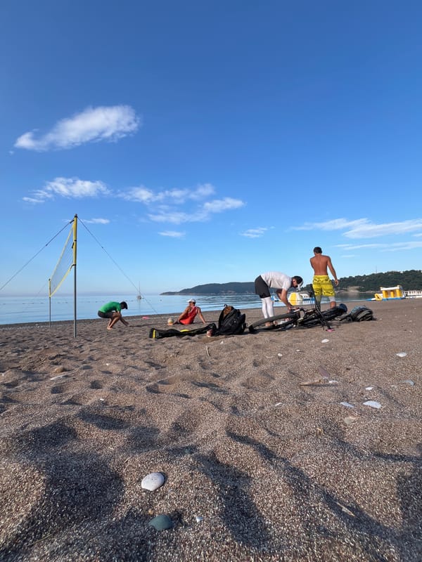 Early morning volleyball setup observed on Montenegro beach