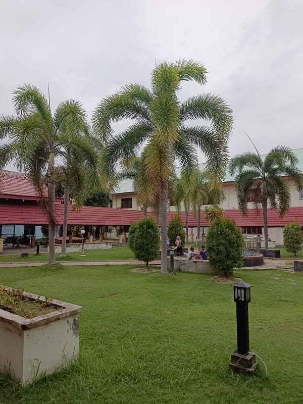 Inside a mosque complex with gardens, koi, and a medical facility