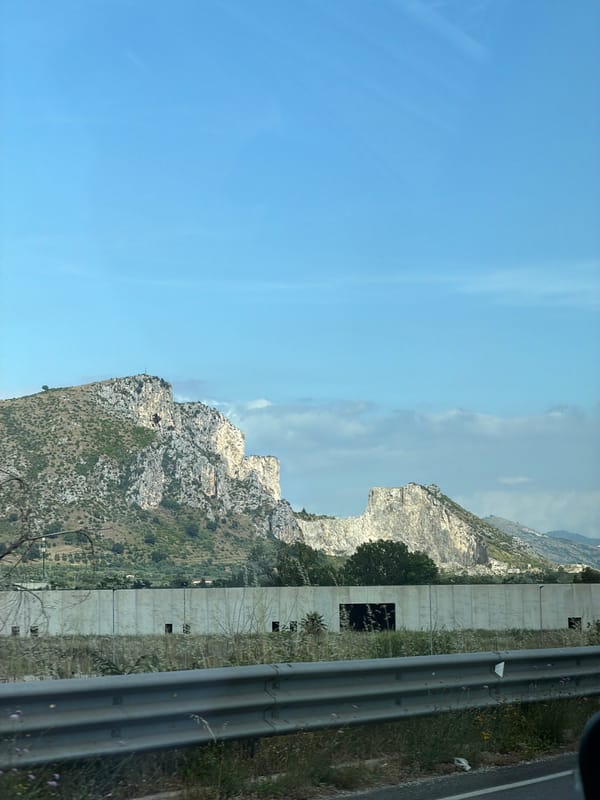 Roadside landscape photographed from moving vehicle in Italy