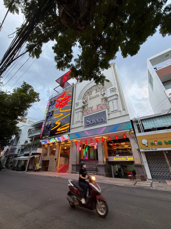 Nha Trang after dark: karaoke strips, misty alleys, and busy streets.