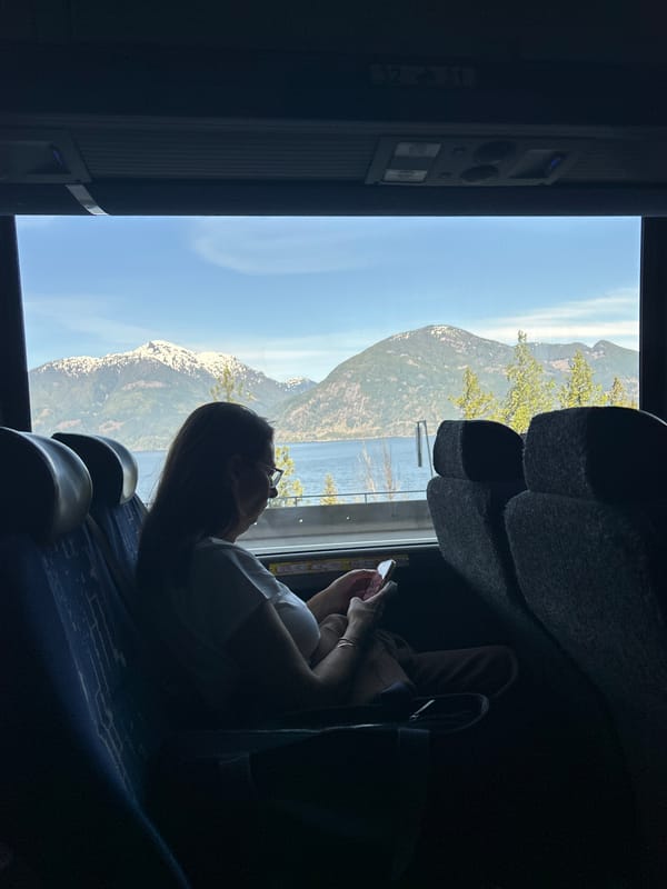 Woman records scenic mountain bus journey on smartphone