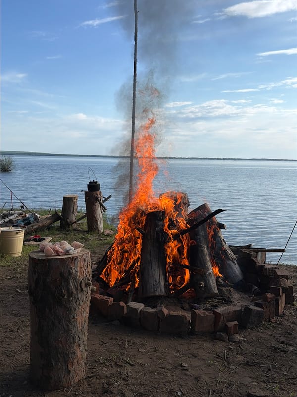Campfire burns beside water in Zabegaevo, Russia