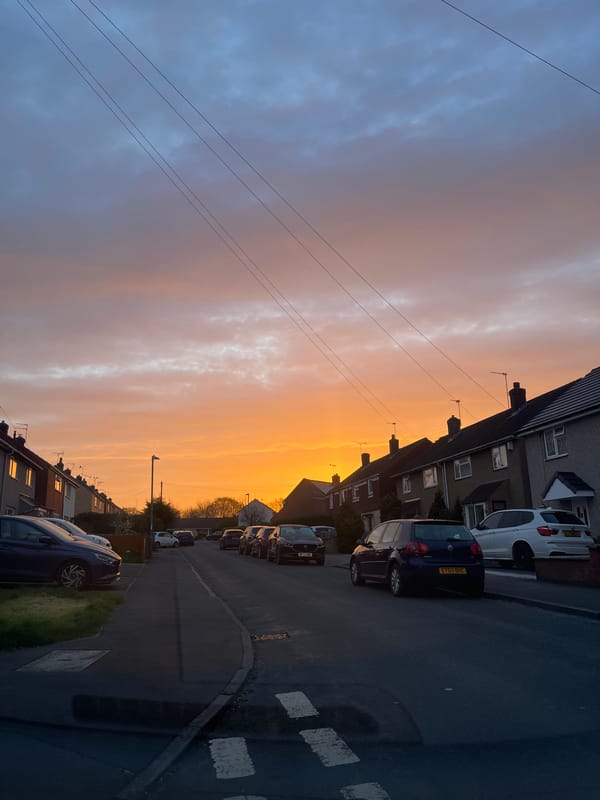 Sunset illuminates residential street in Royal Leamington Spa