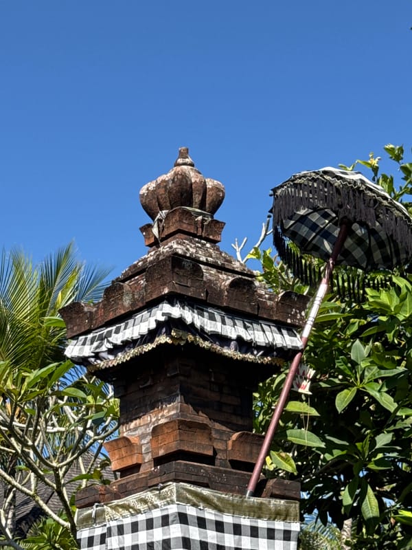 Balinese temple statues, shrines, and offerings in Ubud