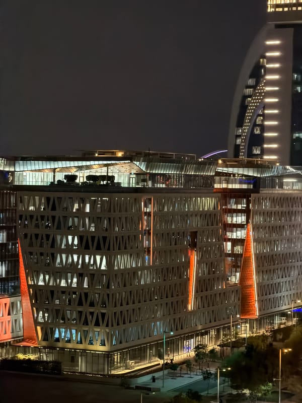 Nighttime scenes captured across illuminated Lusail, Qatar cityscape