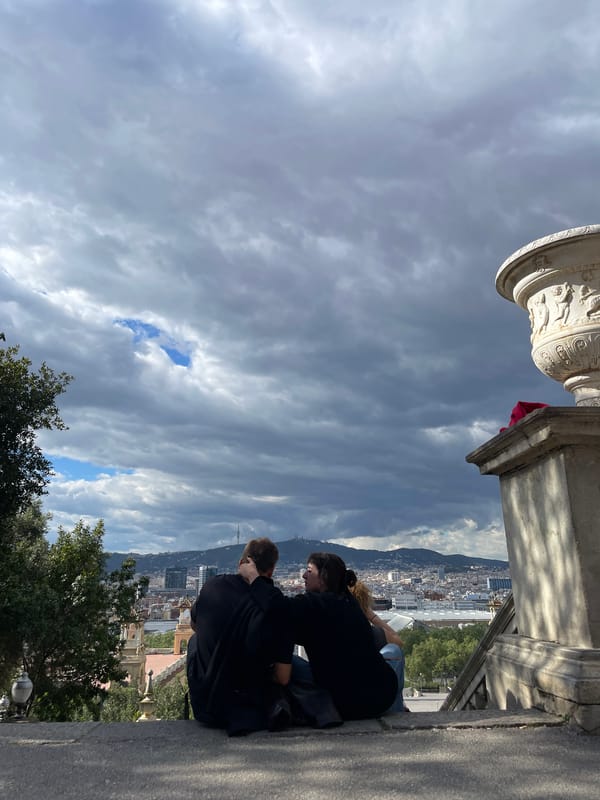 Tourists, street musician gather at Barcelona museum viewpoint afternoon