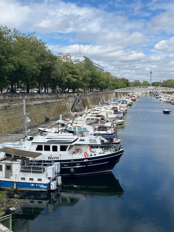 Boats and bicycle barges docked at Bassin de l'Arsenal, Paris